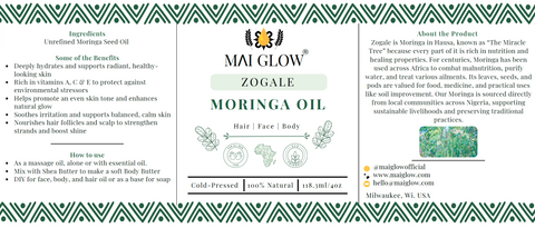 100% Pure Moringa Oil | Cold-Pressed Seed Oil | | Face, Body, & Hair | 4oz