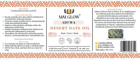 100% Pure Desert Date Oil| Cold-Pressed Seed Oil | | Face, Body, & Hair | 4oz