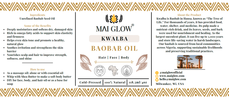 100% Pure Baobab Oil | Cold-Pressed Seed Oil | | Face, Body, & Hair | 4oz & 16oz